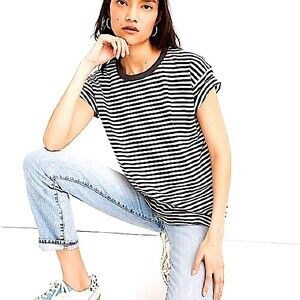 Madewell Whisper Cotton Rib-Crewneck Tee in Damien Stripe Size XXS